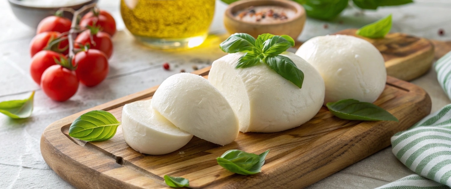 Productos queso Mozzarella Bolas de queso mozzarella puestos en una madera con aceite y tomate