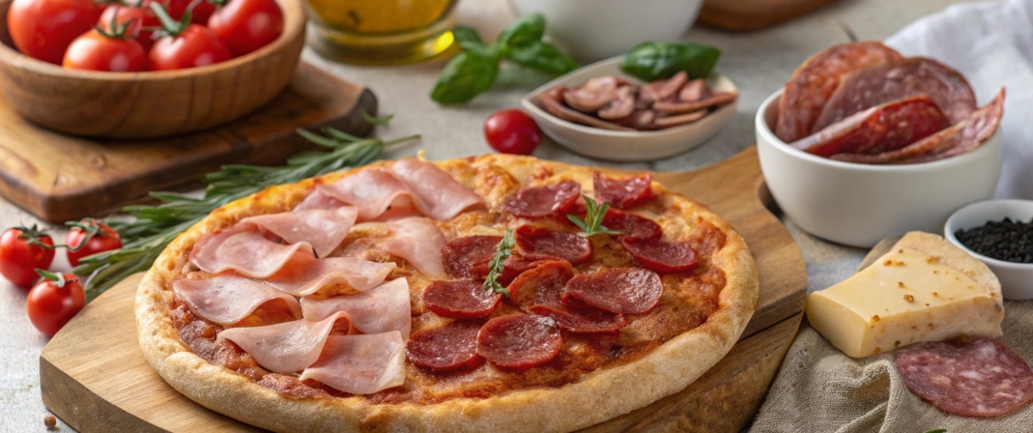 Toppings Base de pizza con varios embutidos